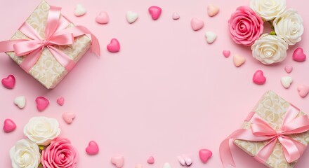 Two gift boxes with pink ribbons alongside scattered heart shaped candies and assorted roses arranged on a pastel pink background hearts candy flower Valentines Day romance love celebration present