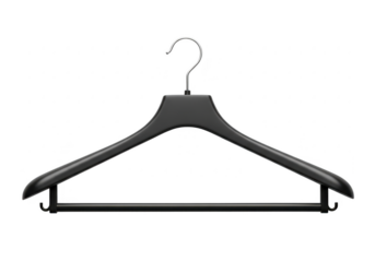 Empty black hanger isolated on a transparent background. Potential copy space above and inside clothes hangers. Coat hanger close up.