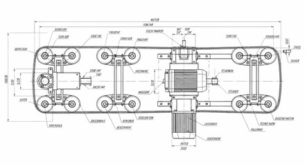Detailed engineering drawing of a tracked vehicle chassis with drive system.