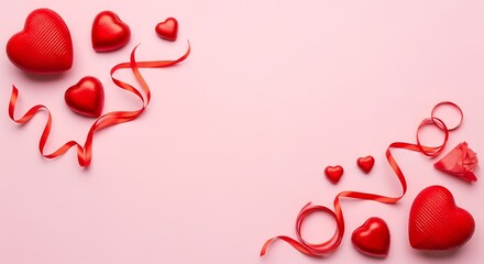 Red textured heart shapes and flowing satin ribbons arranged artistically on a soft pink background with a single red rosebud accent love romance Valentine celebration gift present affection