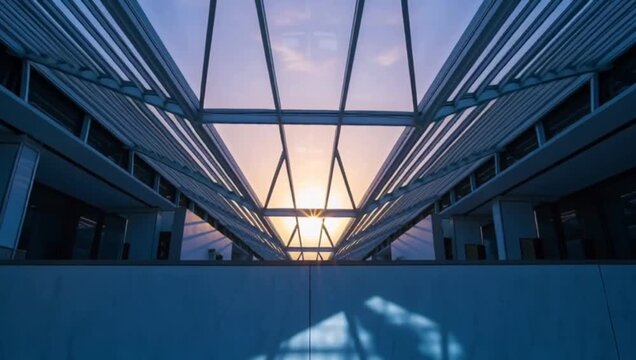 Glass ceiling skylight is a sharp triangular panel design viewed from a deep angle