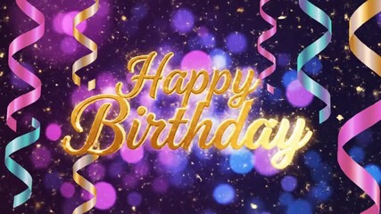 Elegant Happy Birthday animation with swirling confetti and bokeh lights for festive celebrations and greetings