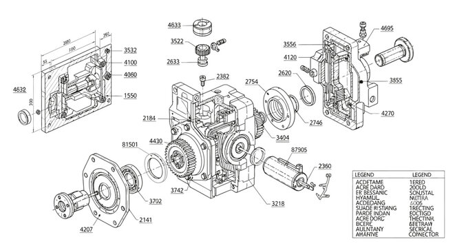 Exploded view diagram of a mechanical gearbox assembly with numbered components and a detailed parts list.