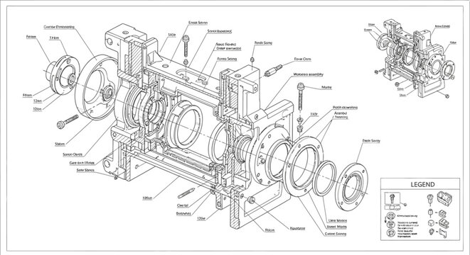 Exploded view technical drawing of a complex mechanical assembly with labeled parts and a legend.