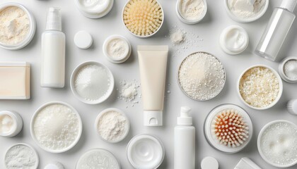 Minimalist flat lay display of skincare products on a white background for clean aesthetic design