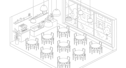 Obraz premium Isometric cafe interior illustration featuring tables chairs and lamps with large window