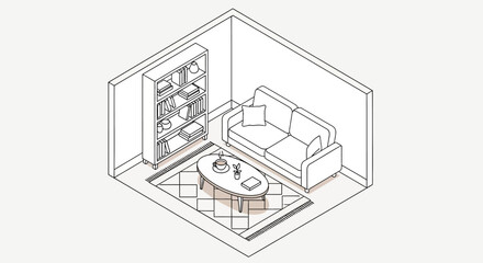 Isometric illustration of a living room with furniture and decor