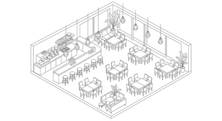 Isometric view of modern restaurant interior with tables and seating