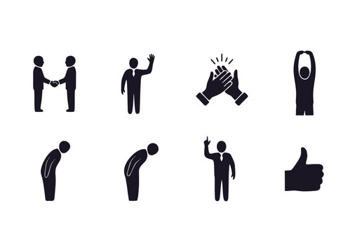 Simple black glyph icons representing common human actions, communication gestures, and body language