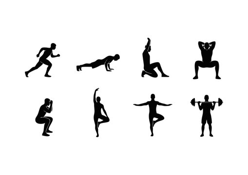 A diverse collection of fitness and exercise icons. Silhouettes of men and women performing workouts like running, weightlifting, yoga, and bodyweight training