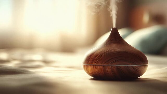 Elegant wooden essential oil diffuser misting softly in sunlit bedroom.