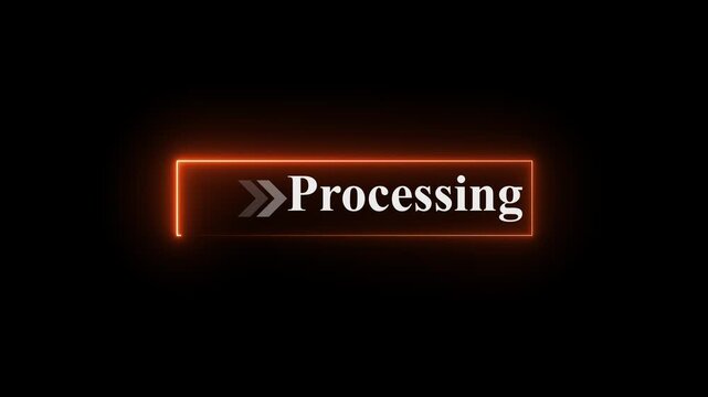 Neon processing button animation on black background with glowing arrows pointing right, futuristic loading indicator, digital process UI element, bright neon interface symbol for apps and websites