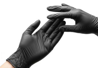 Two black surgical medical gloves isolated on transparent background with hands. Rubber glove manufacturing, human hand is wearing a latex glove.