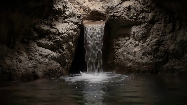 Serene Underground Waterfall Cascading into a Dark, Still Pool.