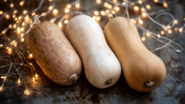 Warm Golden Lights Illuminate Diverse Autumn Gourds in Cozy Close Up.