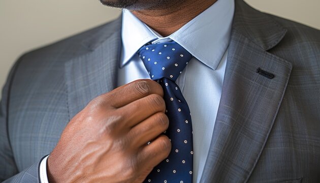 Close up of a man in professional attire adjusting his tie, exuding confidence and poise - Powered by Adobe