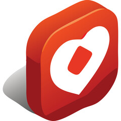 Red Isometric Heart Icon with White Outline and Inner Shape on Transparent Background
