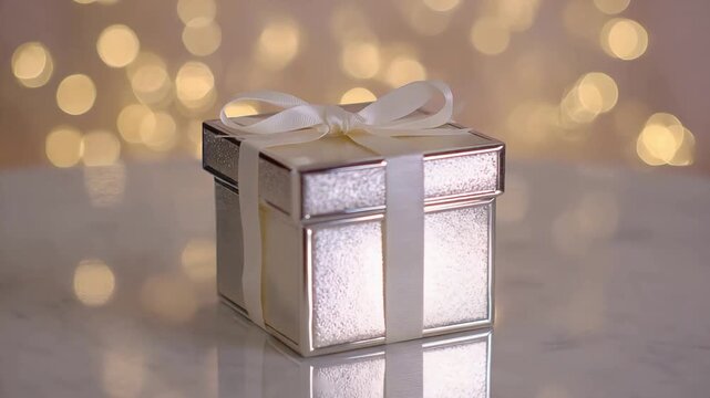Elegant Silver Gift Box Tied with a White Ribbon on Bokeh Background.