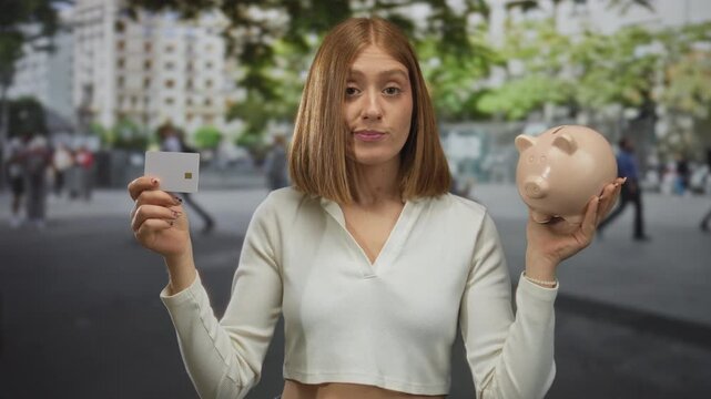 Woman holding piggy bank and credit card outdoors in urban city setting, blonde and young, expressing decision between saving and spending, in vibrant street scene.