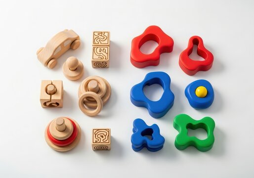 Collection of diverse montessori inspired wooden and colorful plastic baby toys.