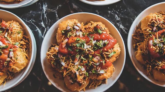 Delicious Indian Chaat Appetizers Served in White Bowls on Marble Table.