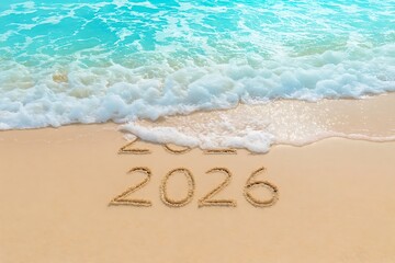 Message Year 2025 replaced by 2026 written on beach sand background. Good bye 2025 hello to 2026 happy New Year coming concept.