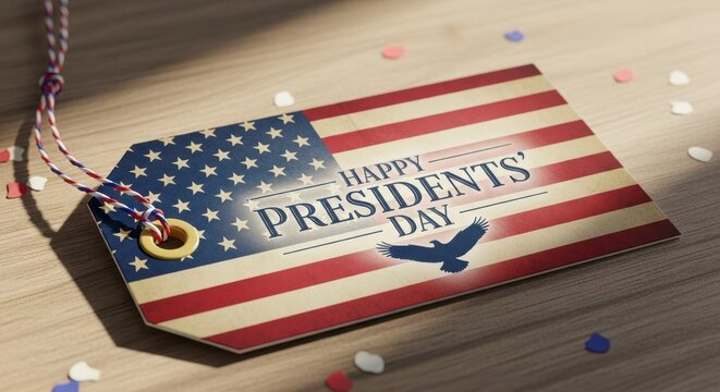 Presidents Day USA flag tag confetti on wood.