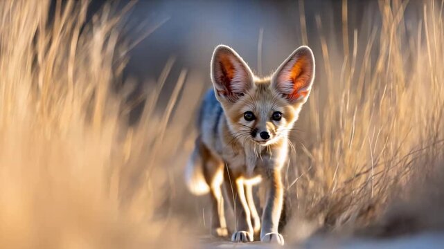 Adorable Fennec Fox with Giant Ears Navigates Golden Desert Grassland.