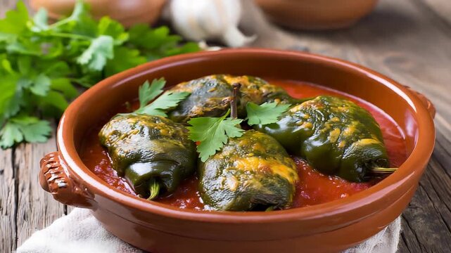 Delicious Stuffed Poblano Peppers Simmering in Rich Tomato Sauce.