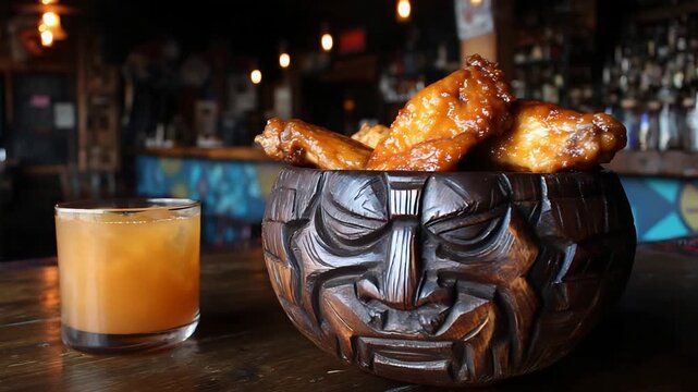 Delicious Glazed Chicken Wings Served in a Tiki Bowl With a Refreshing Drink.