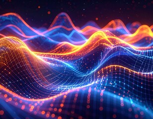 Dynamic Digital Waves Flowing in a Luminous Network Grid, Representing Data, Sound, and Energetic Connectivity in an Abstract Technological Landscape