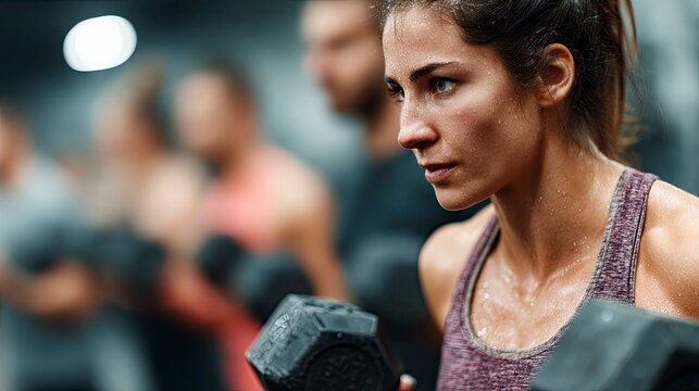 A focused woman sweats intensely as she lifts dumbbells in a gym class, surrounded by blurred figures also engaged in exercise.