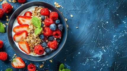 Vibrant aerial view of a healthy breakfast bowl with granola, berries, and yogurt for wellness