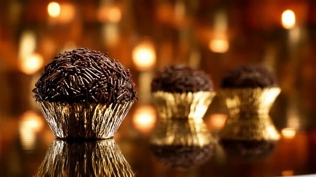 Delicious Chocolate Brigadeiros Gleaming in Elegant Gold Wrappers on Reflective Surface.