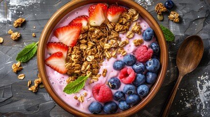 Vibrant overhead view of a healthy breakfast bowl featuring granola, berries, and yogurt