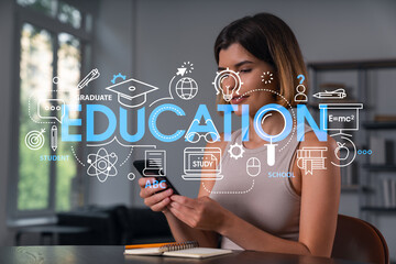 Smiling businesswoman in casual wear holding using smartphone typing at office workplace with notebook. Concept of distant work, business education. Math icons hologram