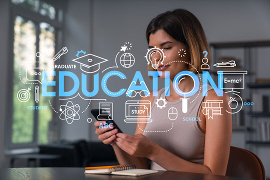 Smiling businesswoman in casual wear holding using smartphone typing at office workplace with notebook. Concept of distant work, business education. Math icons hologram