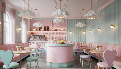 pastel cafe interior with heart chairs and cloud lights