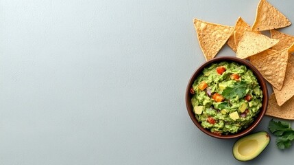 A bowl of fresh guacamole with chopped tomatoes, onions, and cilantro, served with tortilla chips and a halved avocado.