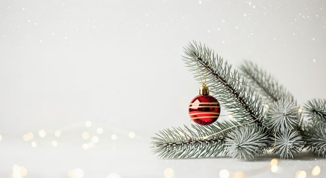Elegant Christmas tree branch with a red striped ornament and sparkling fairy lights on a festive white background, perfect for holiday greetings.