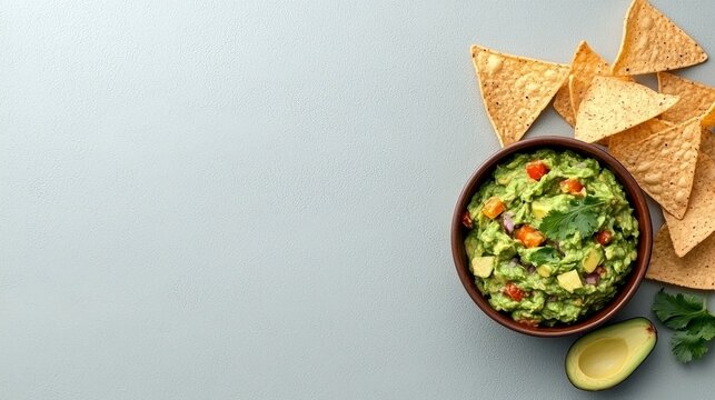 A bowl of fresh guacamole with chopped tomatoes, onions, and cilantro, served with tortilla chips and a halved avocado.