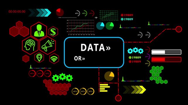 DATA ORHEDRATION, concept with Data Analytics, Business Graphics, loading bar, gearbox, Asymptotic smart data analytics,4k video  On Black background.