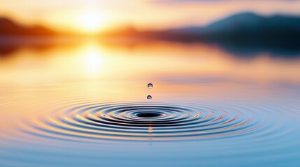 A water drop falls into a calm lake, creating concentric ripples that spread outwards, with a soft focus sunset and mountains in the background.