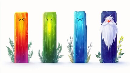 Four stylized characters representing elements of fire, nature, water, and an ice wizard, each depicted as a tall, rectangular figure with unique colors and fac