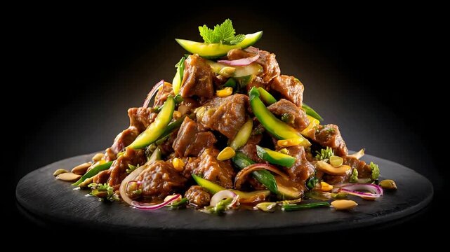 Delicious Beef Stir Fry with Fresh Vegetables and Garnishes on Black Plate.