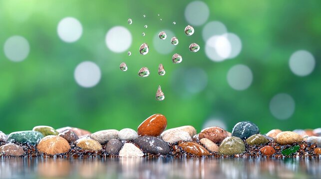 Water droplets are falling from above onto a collection of wet, colorful pebbles and sand, creating a reflective surface.