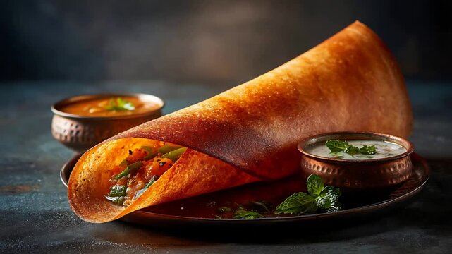 Golden Crispy Dosa Filled with Savory Vegetables, Served with Chutney and Yogurt.