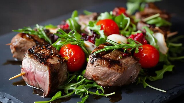 Delicious Grilled Beef Skewers with Fresh Salad and Cherry Tomatoes.