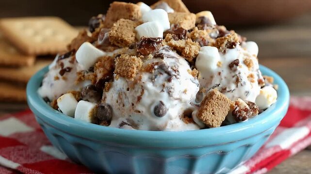 Delicious Smores Ice Cream Sundae Overflowing with Toppings in a Blue Bowl.