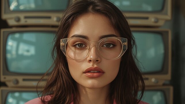 Modern Glance: A young woman with gentle expression and chic glasses set before old tvs.